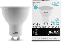 Лампа светодиодная Gauss 5.5Вт цок.:GU10 рефлек. 220B 4100K св.свеч.бел.нейт. MR16 (упак.:1шт) (13626)