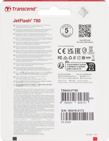 Флеш Диск Transcend 64Gb Jetflash 780 TS64GJF780 USB3.0 черный/серый