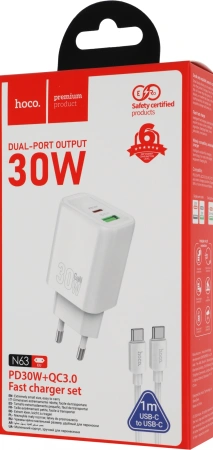 Сетевое зар./устр. Hoco N63 Gentle 30W 3A (PD) USB-A/Type-C универсальное белый (44402)