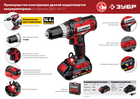 Дрель-шуруповерт Зубр ДШЛ-145-22 аккум. патрон:быстрозажимной (кейс в комплекте)