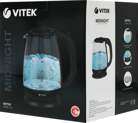 Чайник электрический Vitek VT-1173 1.7л. 2200Вт прозрачный/черный корпус: стекло