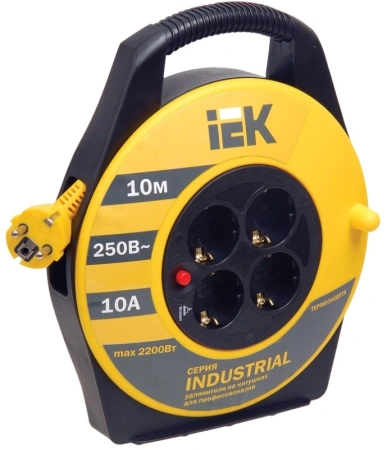 Удлинитель силовой IEK Industrial (WKP14-10-04-10) 3x1.0кв.мм 4розет. 10м ПВС 10A катушка желтый