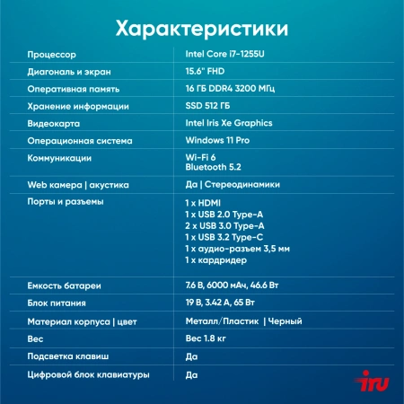 Ноутбук IRU Strato 15ALI Core i7 1255U 16Gb SSD512Gb Intel Iris Xe graphics 15.6" IPS FHD (1920x1080) Windows 11 Professional black 6000mAh (2059127)