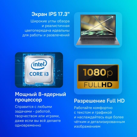 Ноутбук Acer Aspire 3 A317-55P-341F Core i3 N305 16Gb SSD512Gb Intel UHD Graphics 17.3" IPS FHD (1920x1080) noOS silver WiFi BT Cam (NX.KDKCD.001)