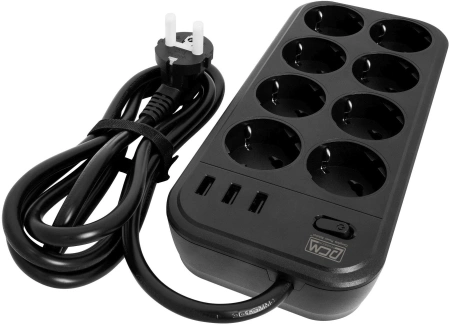 Сетевой фильтр Powercom SP-08 USB03AB 3,0М 3м (8 розеток) черный (коробка)