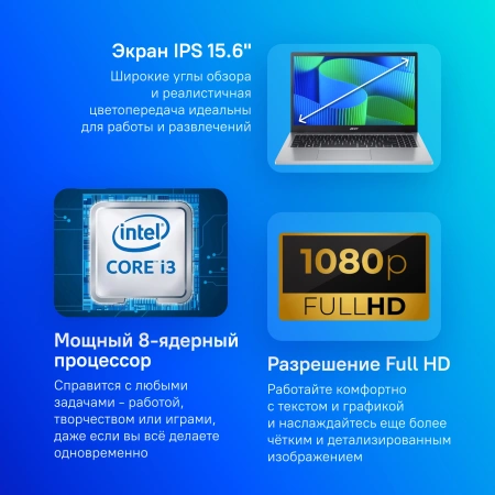 Ноутбук Acer Extensa 15 EX215-34-36NE Core i3 N305 8Gb SSD512Gb Intel UHD Graphics 15.6" IPS FHD (1920x1080) Windows 11 Home silver WiFi BT Cam (NX.EHNCD.006)