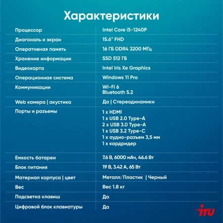 Ноутбук IRU Strato 15ALI Core i5 1240P 16Gb SSD512Gb Intel Iris Xe graphics 15.6" IPS FHD (1920x1080) Windows 11 Professional Multi Language 64 black WiFi BT Cam 6000mAh (2059124)