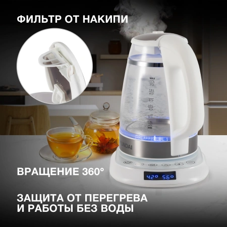 Чайник Hyundai HYK-G5507 1.7л. 2200Вт белый/серебристый (стекло)
