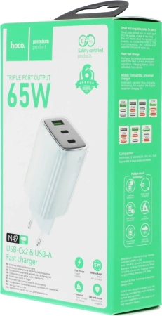 Сетевое зар./устр. Hoco N49 Glorious 65W 3A (PD+QC+AFC) USB/2xUSB Type-C универсальное синий (35479)