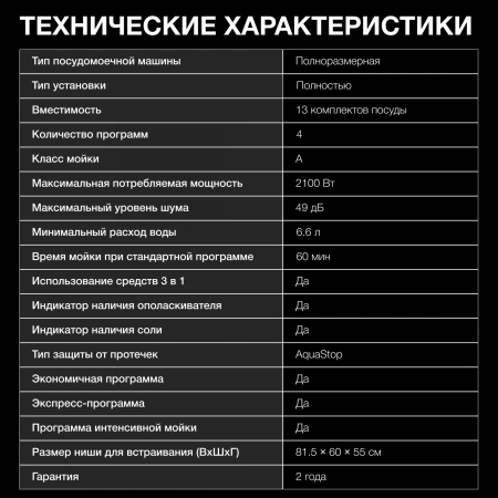 Посудомоечная машина встраив. Hyundai HBD 641 2100Вт полноразмерная нержавеющая сталь инвертер
