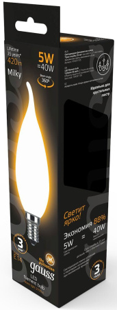 Лампа филам. Gauss Filament 5Вт цок.:E14 свеча 220B 2700K св.свеч.бел.теп. (упак.:1шт) (104201105)