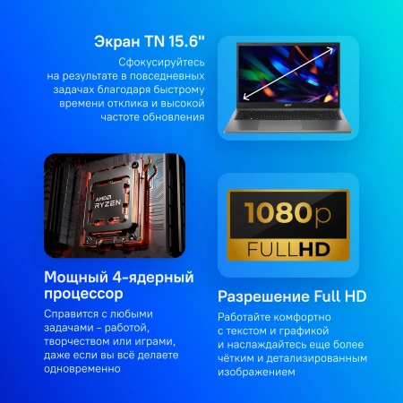 Ноутбук Acer Extensa 15 EX215-23-R95C Ryzen 3 7320U 8Gb SSD256Gb AMD Radeon 15.6" TN FHD (1920x1080) noOS grey WiFi BT Cam (NX.EH3CD.00G)