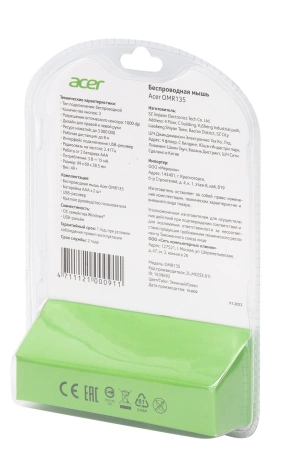Мышь Acer OMR135 зеленый оптическая (1000dpi) беспроводная USB для ноутбука (2but)