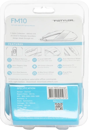 Мышь A4Tech Fstyler FM10 черный/оранжевый оптическая (1600dpi) USB (4but)