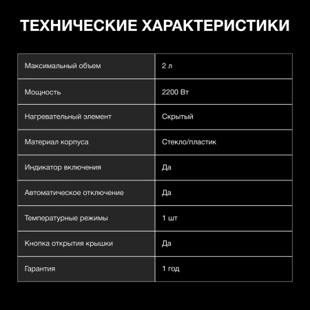 Чайник электрический Hyundai HYK-G4505 2л. 2200Вт черный (корпус: стекло)