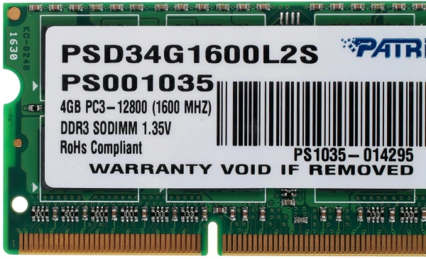 Память DDR3L 4Gb 1600MHz Patriot PSD34G1600L2S RTL PC3-12800 CL11 SO-DIMM 204-pin 1.35В dual rank Ret
