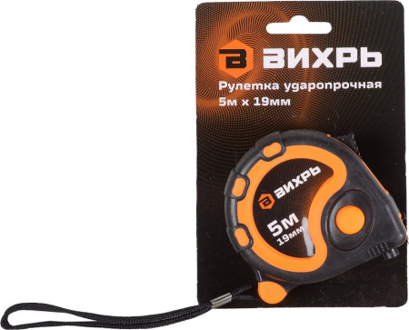 Рулетка строительная Вихрь 73/11/1/2 дл.полотна 5м изм.шкала в см зацеп простой оранжевый/черный