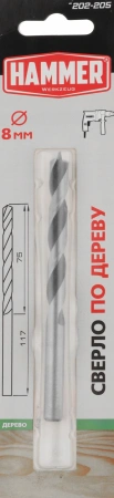 Сверло Hammer Flex 202-205 (202-205) по дереву Д=8мм Дл=117мм (1пред.) для дрелей