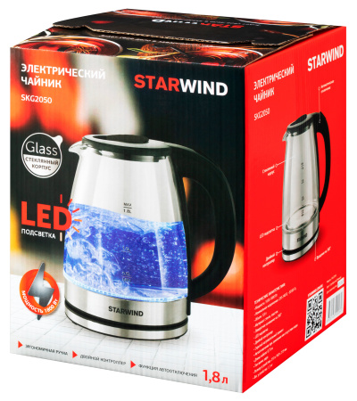 Чайник электрический Starwind SKG2050 1.8л. 1800Вт черный/серебристый (корпус: стекло)