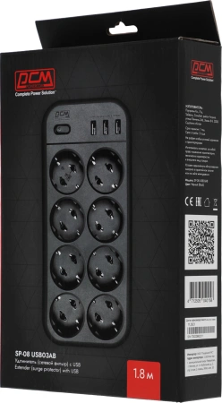 Сетевой фильтр Powercom SP-08 USB03AB 1.8м 1.8м (8 розеток) черный (коробка)