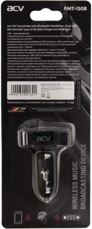 Автомобильный FM-модулятор ACV FMT-130B черный BT USB (40580)
