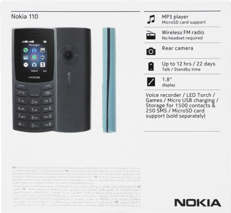 Мобильный телефон Nokia 110 (TA-1567) DS EAC 0.048 черный моноблок 2Sim 1.8" 240x320 Series 30+ 0.3Mpix GSM900/1800 Protect MP3 FM microSD max32Gb