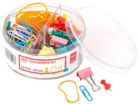 Набор мелкоофисный Deli EZ20703 резинки для купюр 12гр гвоздики 50шт скрепки 100шт зажимы 10шт пластиковая туба