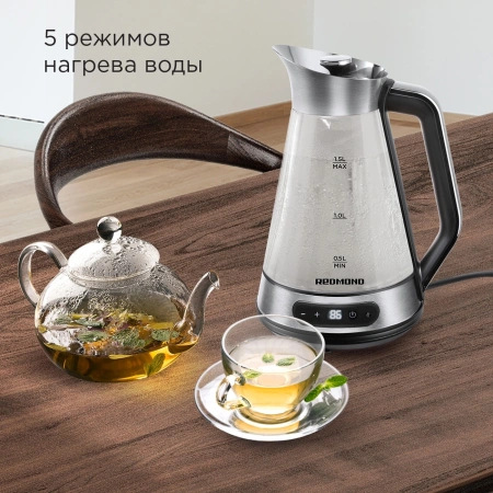 Чайник электрический Redmond KG222 1.5л. 2200Вт серебристый/черный корпус: стекло/сталь