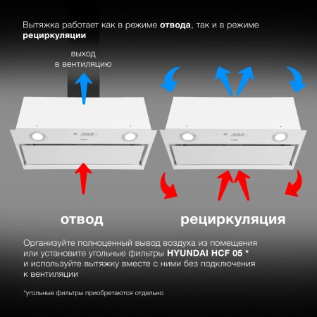 Вытяжка встраиваемая Hyundai HBB 6036 WG белый управление: кнопочное (1 мотор)