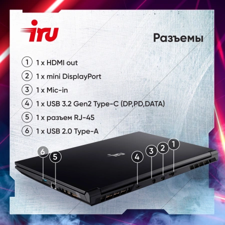 Ноутбук IRU Калибр 15ALC i5 12500H/32Gb/SSD512Gb/RTX 3060 6Gb/15.6"/IPS/FHD/DOS/black/3465mAh