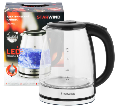 Чайник электрический Starwind SKG2050 1.8л. 1800Вт черный/серебристый (корпус: стекло)
