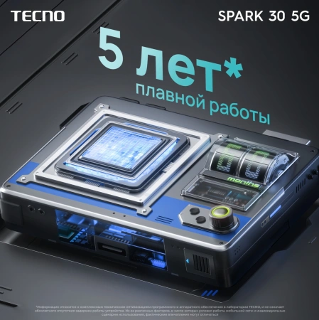 Смартфон Tecno Spark 30 5G 128Gb 6Gb голубой моноблок 3G 4G 2Sim 6.67" 720x1600 Android 14 108Mpix 802.11 a/b/g/n/ac NFC GPS GSM900/1800 TouchSc Protect FM microSD max1024Gb