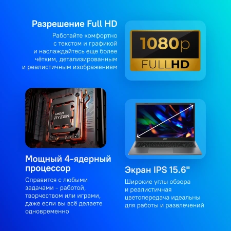 Ноутбук Acer Extensa 15 EX215-23-R6F9 Ryzen 3 7320U/8Gb/SSD512Gb/15.6"/IPS/FHD/noOS/grey