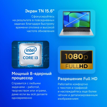 Ноутбук Acer Extensa 15 EX215-34-3117 Core i3 N305 8Gb SSD256Gb Intel UHD Graphics 15.6" TN FHD (1920x1080) noOS silver WiFi BT Cam (NX.EHTCD.007)