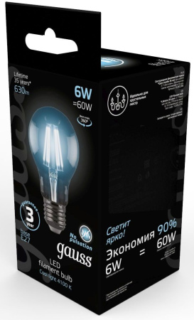Лампа филам. Gauss Filament A60 6Вт цок.:E27 груша 220B 4100K св.свеч.бел.нейт. (упак.:1шт) (102802206)