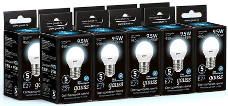 Лампа светодиодная Gauss 9.5Вт цок.:E27 шар 220B 4100K св.свеч.бел.нейт. P45 (упак.:1шт) (105102210)