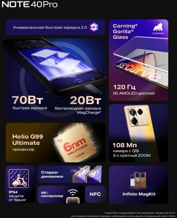 Смартфон Infinix Note 40 Pro X6850 256Gb 12Gb зеленый 3G 4G 2Sim 6.78" AMOLED 1080x2436 And14 108Mpi