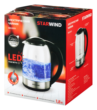Чайник электрический Starwind SKG2051 1.8л. 1800Вт черный/серебристый (корпус: стекло)