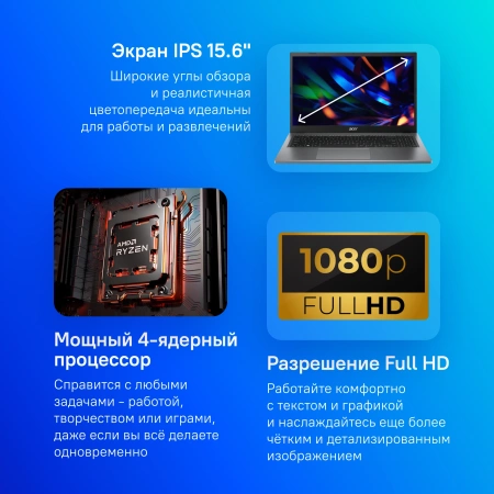 Ноутбук Acer Extensa 15 EX215-23-R9DA Ryzen 3 7320U 16Gb SSD512Gb AMD Radeon 15.6" IPS FHD (1920x1080) Windows 11 Home grey WiFi BT Cam (NX.EH3CD.00E)