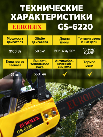 Бензопила Eurolux GS-6220 3100Вт 4.2л.с. дл.шины:20" (50cm) (70/6/27)