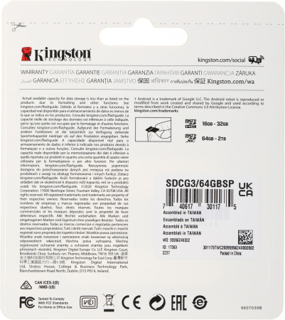 Флеш карта microSDXC 64Gb Class10 Kingston SDCG3/64GBSP Canvas Go! Plus w/o adapter