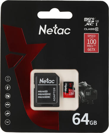 Флеш карта microSDXC 64Gb Class10 Netac NT02P500PRO-064G-R P500 Extreme Pro + adapter