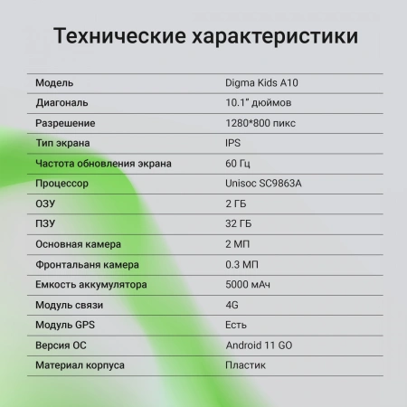 Планшет Digma Kids A10 SC9863A (1.6) 8C RAM2Gb ROM32Gb 10.1" IPS 1280x800 4G 1Sim Android 11.0 Go розовый 2Mpix 0.3Mpix BT WiFi microSD 128Gb GPRS EDGE 5000mAh 6hr 24hrs