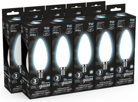 Лампа светодиодная Gauss Filament 103201209 9Вт цок.:E14 свеча 220B 4100K св.свеч.бел.нейт. (упак.:10шт)