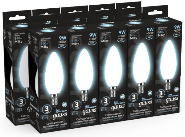 Лампа светодиодная Gauss Filament 103201209 9Вт цок.:E14 свеча 220B 4100K св.свеч.бел.нейт. (упак.:10шт)