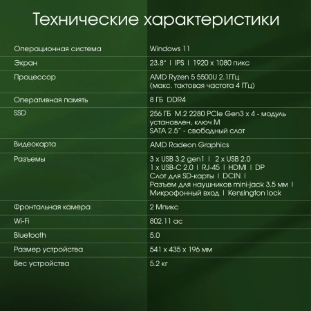 Моноблок Digma Pro Vision 23.8" Full HD Ryzen 5 5500U/8Gb/SSD256Gb UHDG/CR/W11Pro/kb/m/черный 1920x1