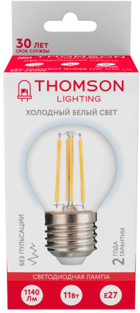 Лампа филам. Thomson Filament TH-B2340 11Вт цок.:E27 шар 220B 6500K св.свеч.бел.хол. Globe (упак.:1шт)