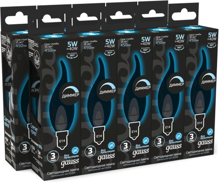 Лампа филам. Gauss Filament 5Вт цок.:E14 свеча 220B св.свеч.бел.нейт. (упак.:10шт) (104801205-D)