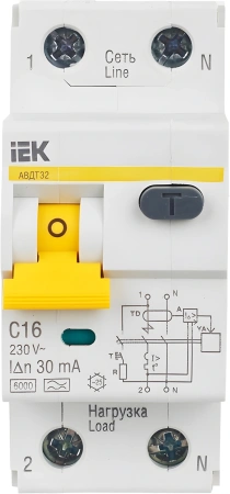 Выключатель автом. дифф. тока IEK MAD22-5-016-C-30 АВДТ 32 16A тип C 6kA 30мА A 1П+Н 230В 2мод белый (упак.:1шт)