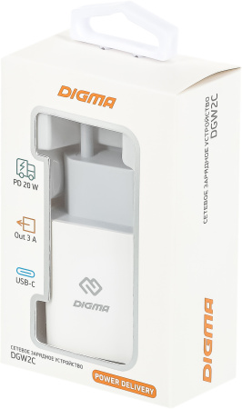 Сетевое зар./устр. Digma DGW2C 20W 3A (PD) USB-C универсальное белый (DGW2C0F010WH)